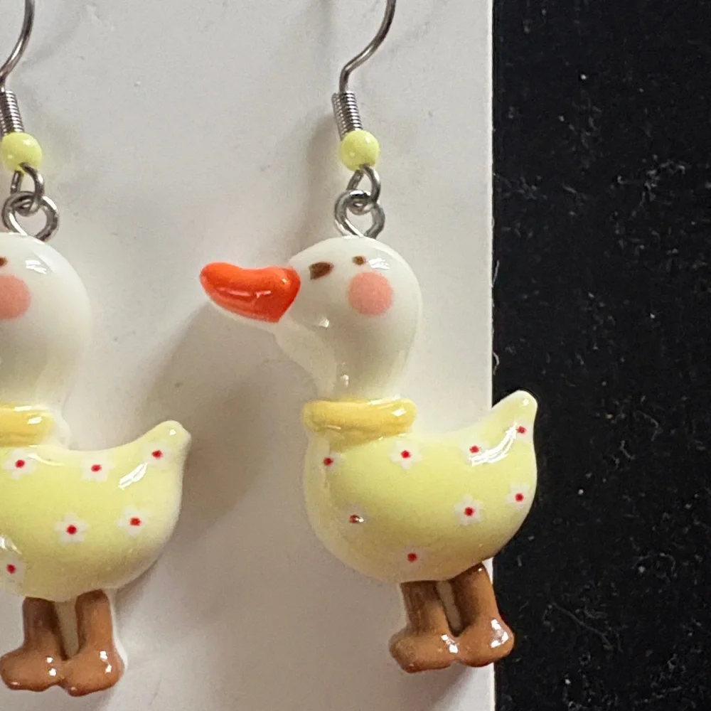 Handmade Yellow Duck Drop Earrings with Orange Beak - Picture 3 of 3